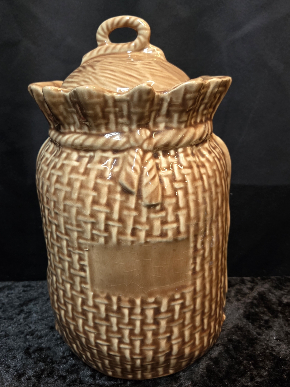 Mccoy Brown Glazed Ceramic Basketweave Cookie Jar with Lid